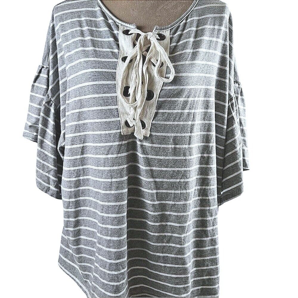Umgee Lace Up Bell Sleeve Top Womens 1XL Gray White Striped Nautical Coastal